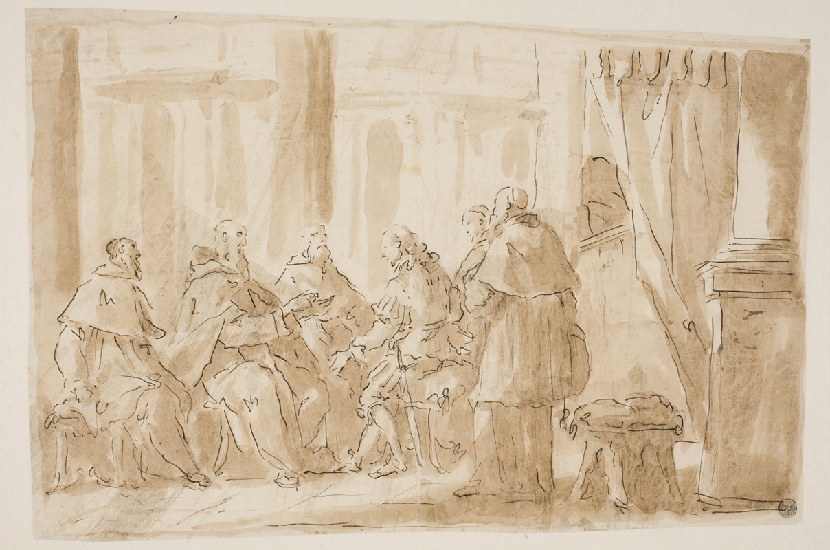 Giovanni Antonio Pellegrini - En gruppe med fem gejstlige, der taler med en lægmand