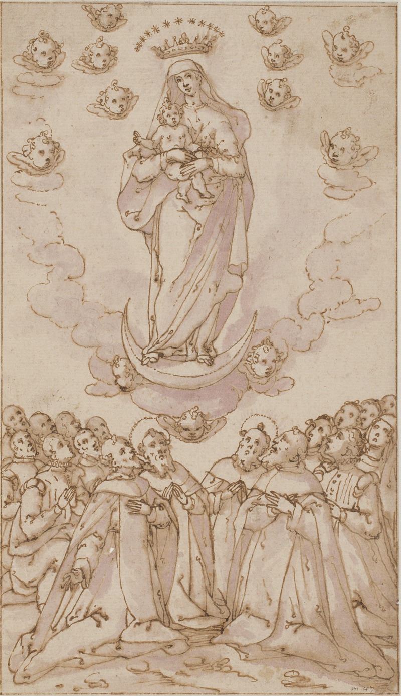 Giovanni Guerra - Madonna og barnet på en halvmåne viser sig for en gruppe helgener, præster og lægmænd