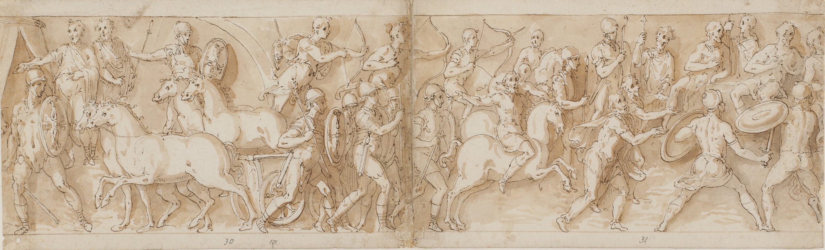 Giovanni Guerra - Marcus Aurelius ankommer til kampen, mens tropperne nedkæmper et sarmatisk angreb; sarmaterne beder om nåde