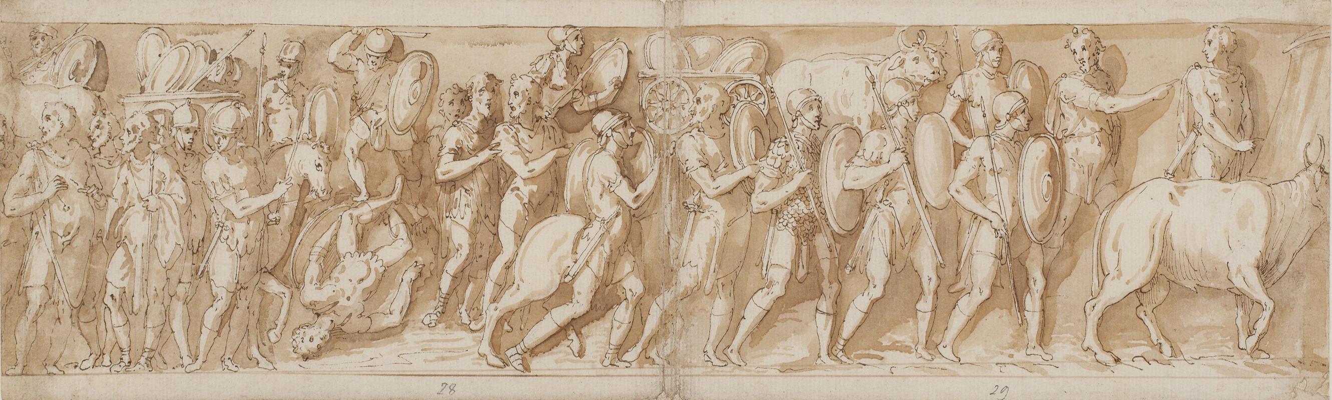 Giovanni Guerra - Romere på march; Marcus Aurelius, Pompejus og en oppasser overværer marchen; ophold på marchen