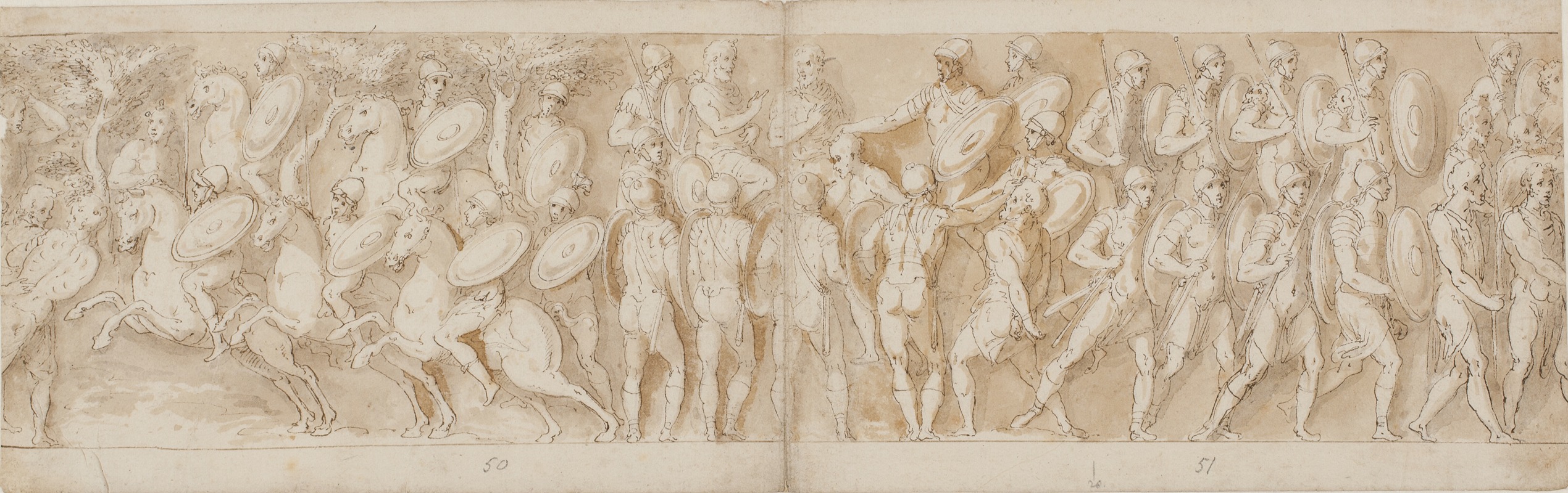 Giovanni Guerra - Romersk kavaleri; et afhugget hoved af Guerra fortolket som en fange og en germansk fange fremføres for kejseren; romere rykker frem