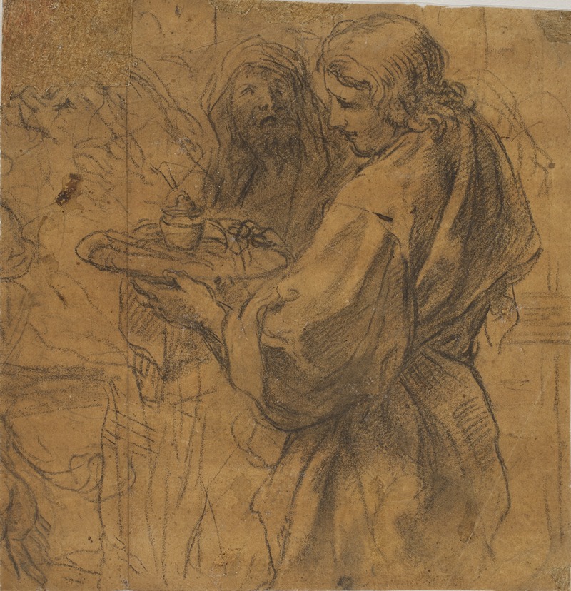 Girolamo Troppa - En ung mand med en bakke og bag ham en ældre mand med draperet hoved