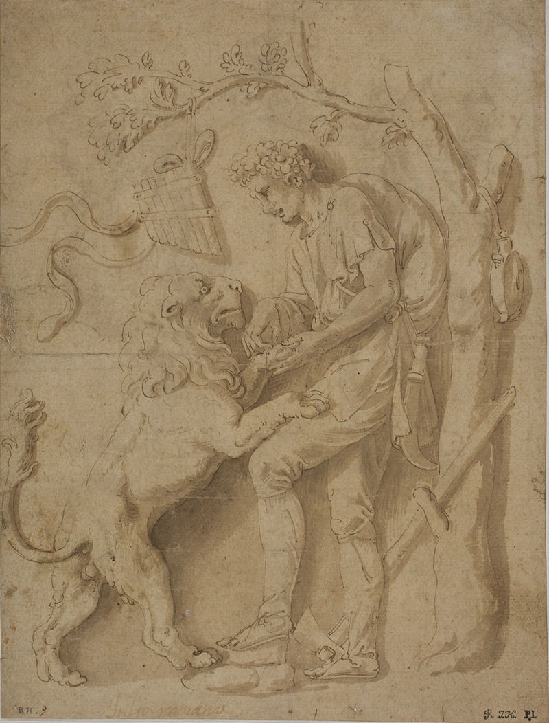 Giulio Romano - Hyrde fjerner en torn fra en løves pote Studie til en af stucco reliefferne i Giardino della Grotta, Palazzo Tè, Mantua