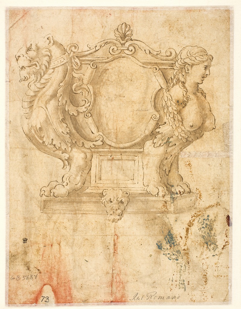 Giulio Romano - Skulptureret skrin eller kiste med blankt våbenskjold