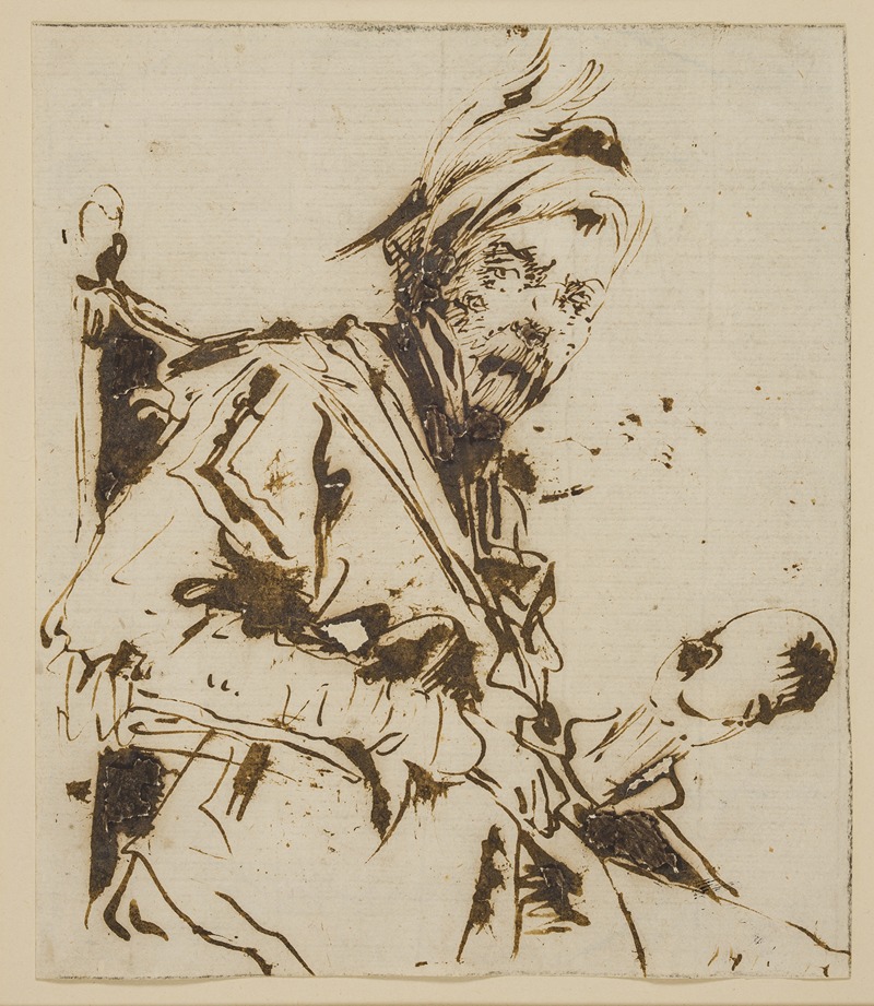 Giuseppe Bernardino Bison - Mandlig halvfigur siddende i en stol med en fjerprydet hat og et kranie i sin venstre hånd