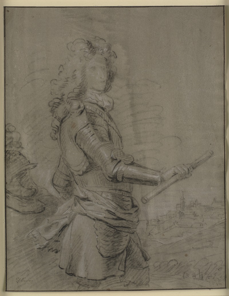 Sir Godfrey Kneller - Portræt i knæfigur af en hærfører i rustning og med stav i højre hånd I baggrunden et landskab med en by