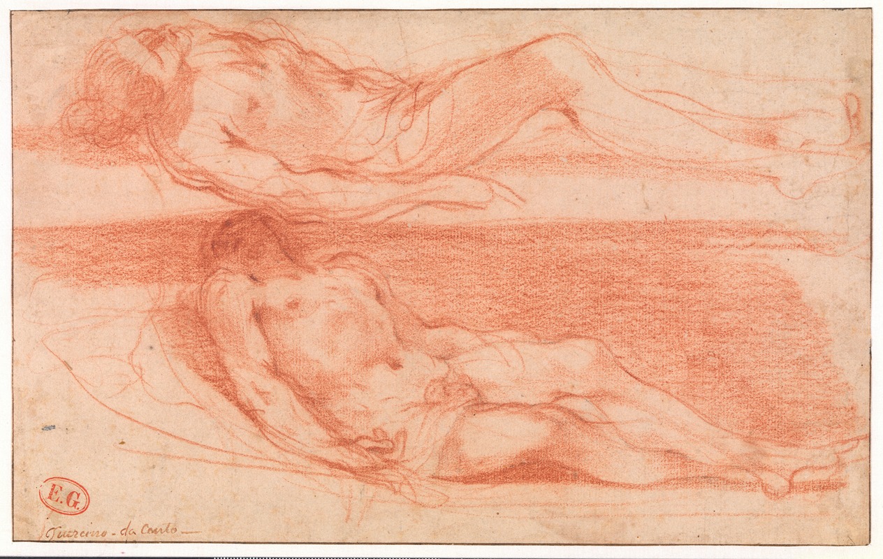 Guercino - To studier af en liggende, nøgen mandsfigur Kristus