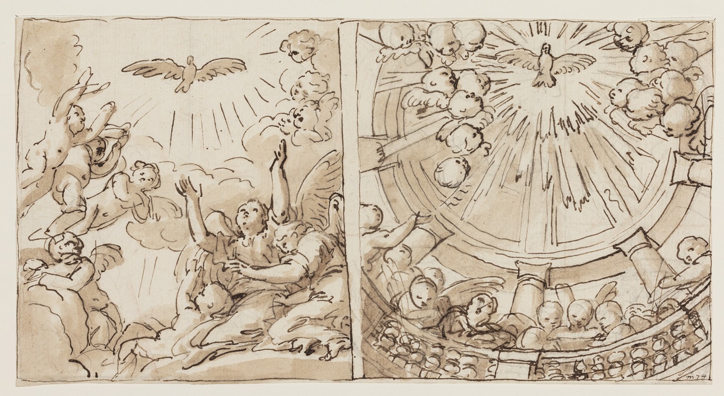 Guido Reni - To scener med engle, der omgiver og tilbeder Helligåndsduen, der i det ene tilfælde daler ned mellem skyer, i det andet fra en kuppel, båret af søjler