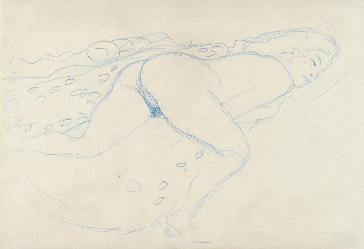 Gustav Klimt - Auf dem Bauch liegender Akt nach rechts