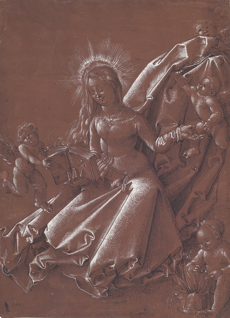Hans Baldung - Virgin Mary seated on the ground, reading a book, surrounded by angels