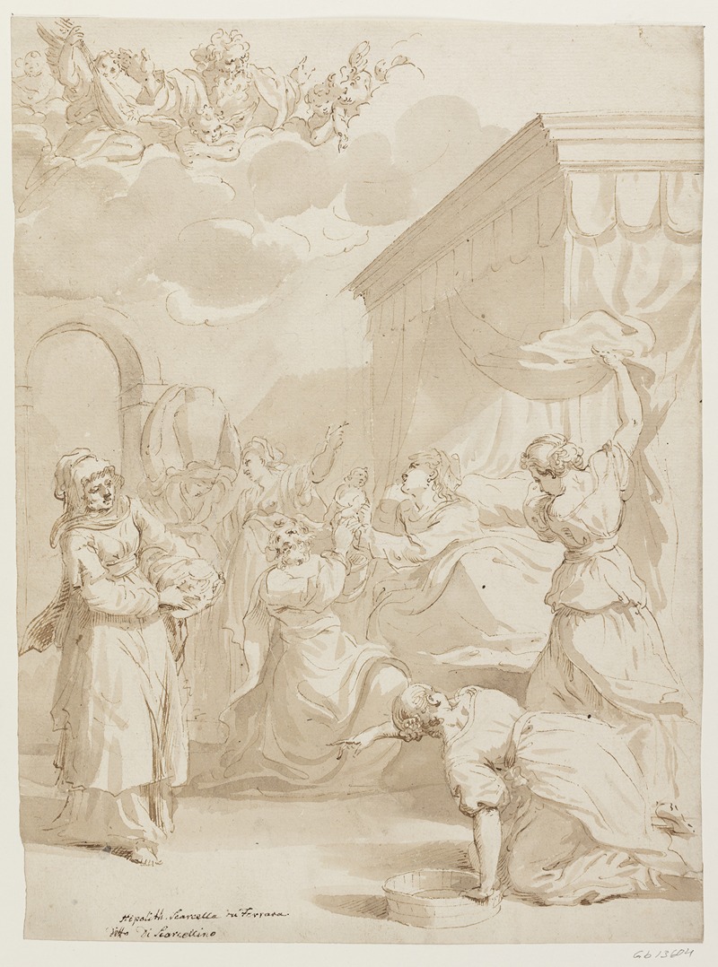 Ippolito Scarsella - Marias Fødsel Joachim og Anna holder barnet op mod Gud Fader, der velsignende viser sig på en sky