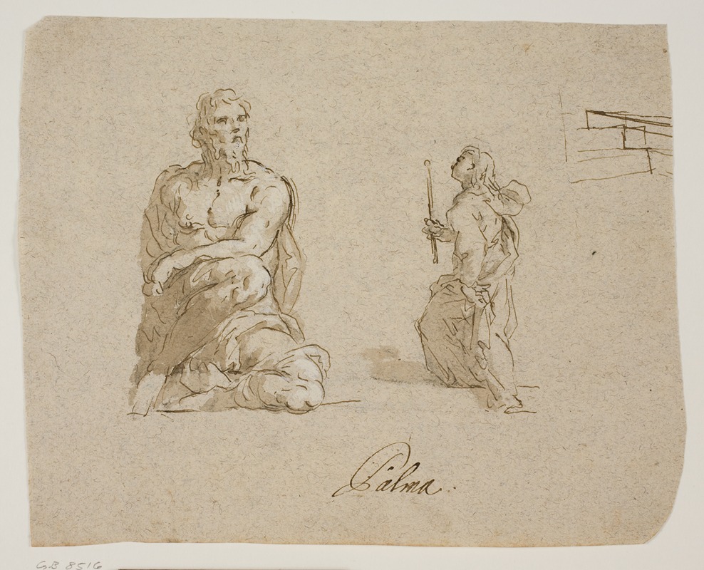 Jacopo Palma il Giovane - Knælende mand, pige med et lys på vej op ad en trappe Jomfruen træder ind i templet , perspektivtegning af trappen