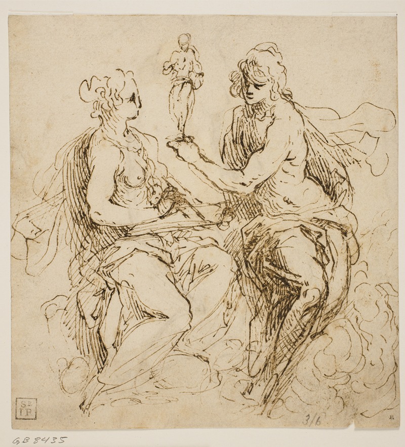 Jacopo Palma il Giovane - Personifikationer af malerkunsten og billedhuggerkunsten siddende på skyer