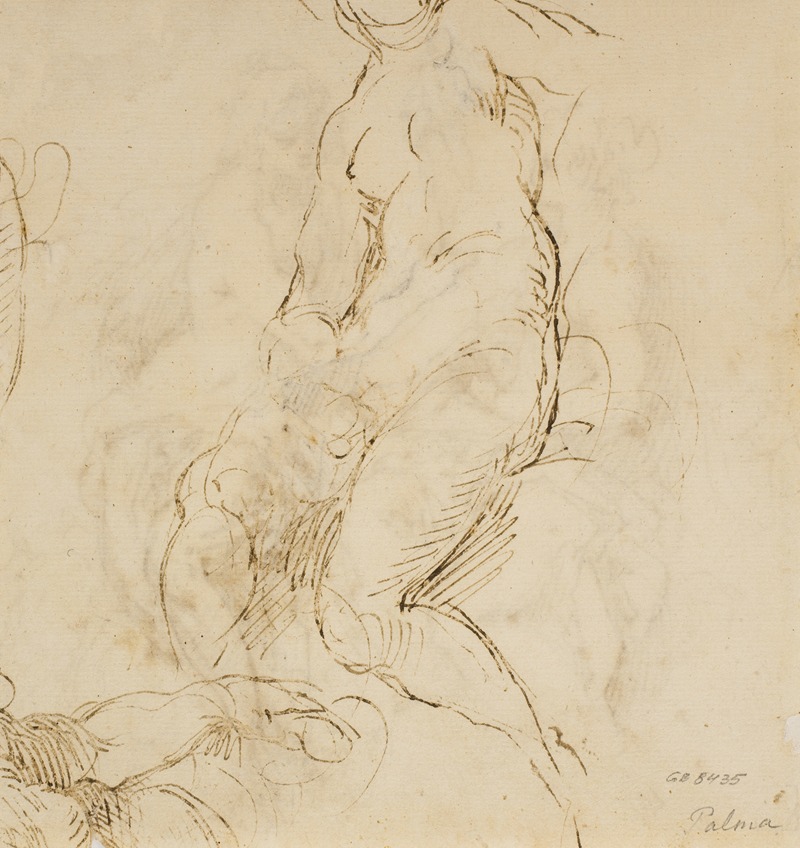 Jacopo Palma il Giovane - Siddende kvinde og halvtliggende nøgen model, set i forkortning, beskåret