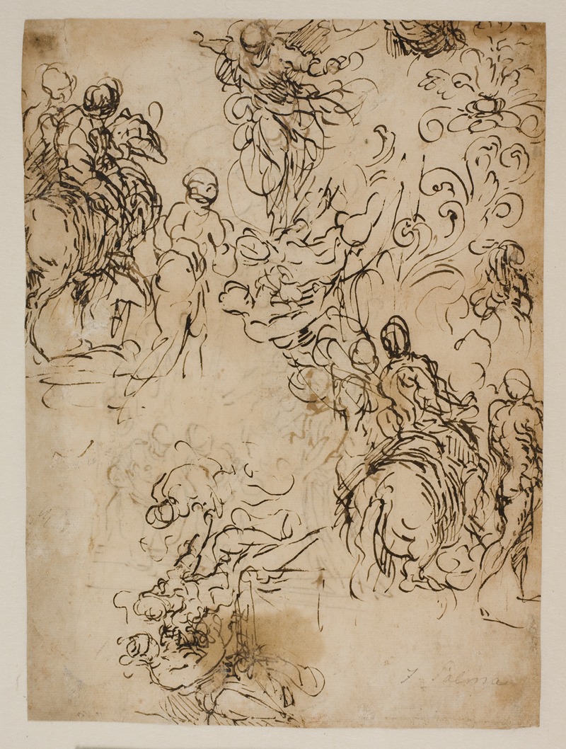 Jacopo Palma il Giovane - Skitser til Kristus svævende i luften, ryttere, et siddende par og blomsterornamentik