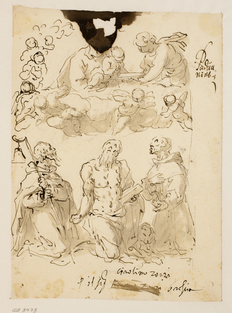 Jacopo Palma il Giovane - Skt Antonius, Skt Hieronymus og Skt Bernardin, med Jomfru Maria og Jesusbarnet omgivet af englebørn