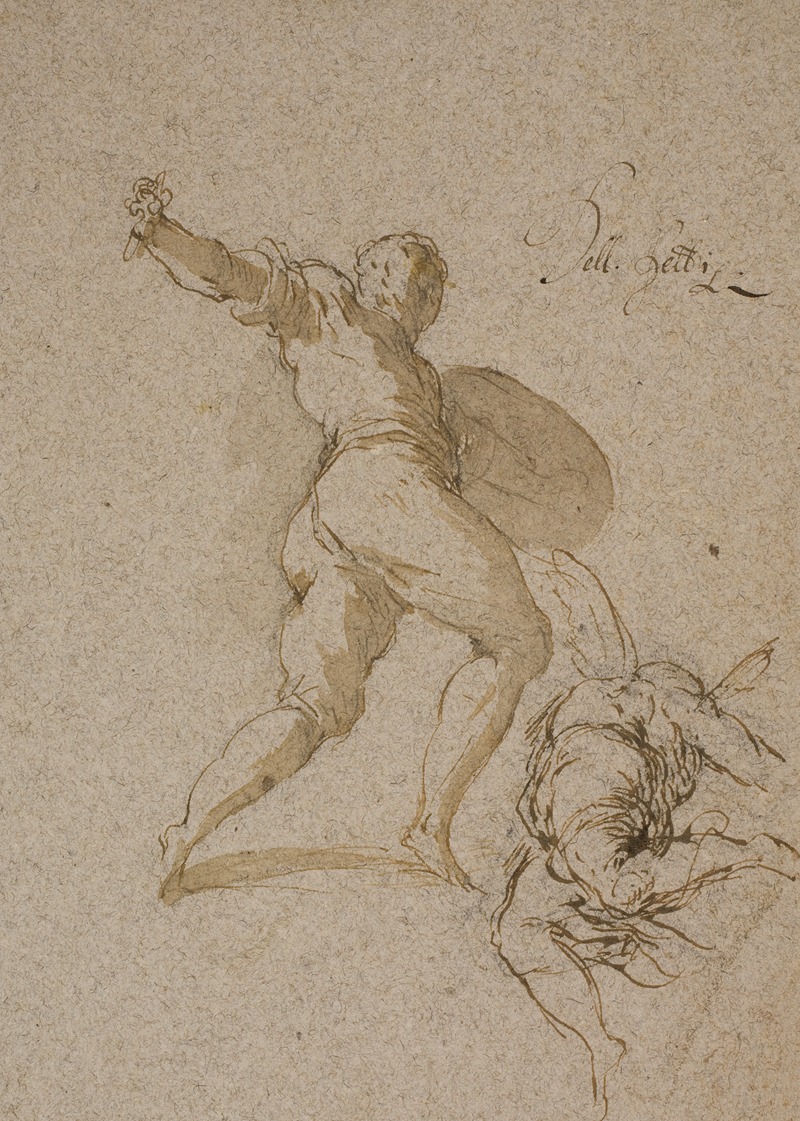 Jacopo Palma il Giovane - Springende kriger og en flyvende engel set bagfra