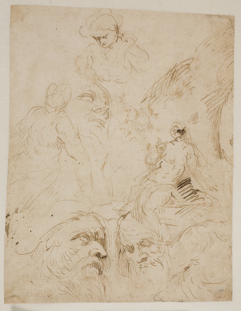 Jacopo Palma il Giovane - Studier af mandshoveder og en siddende nøgen kvinde