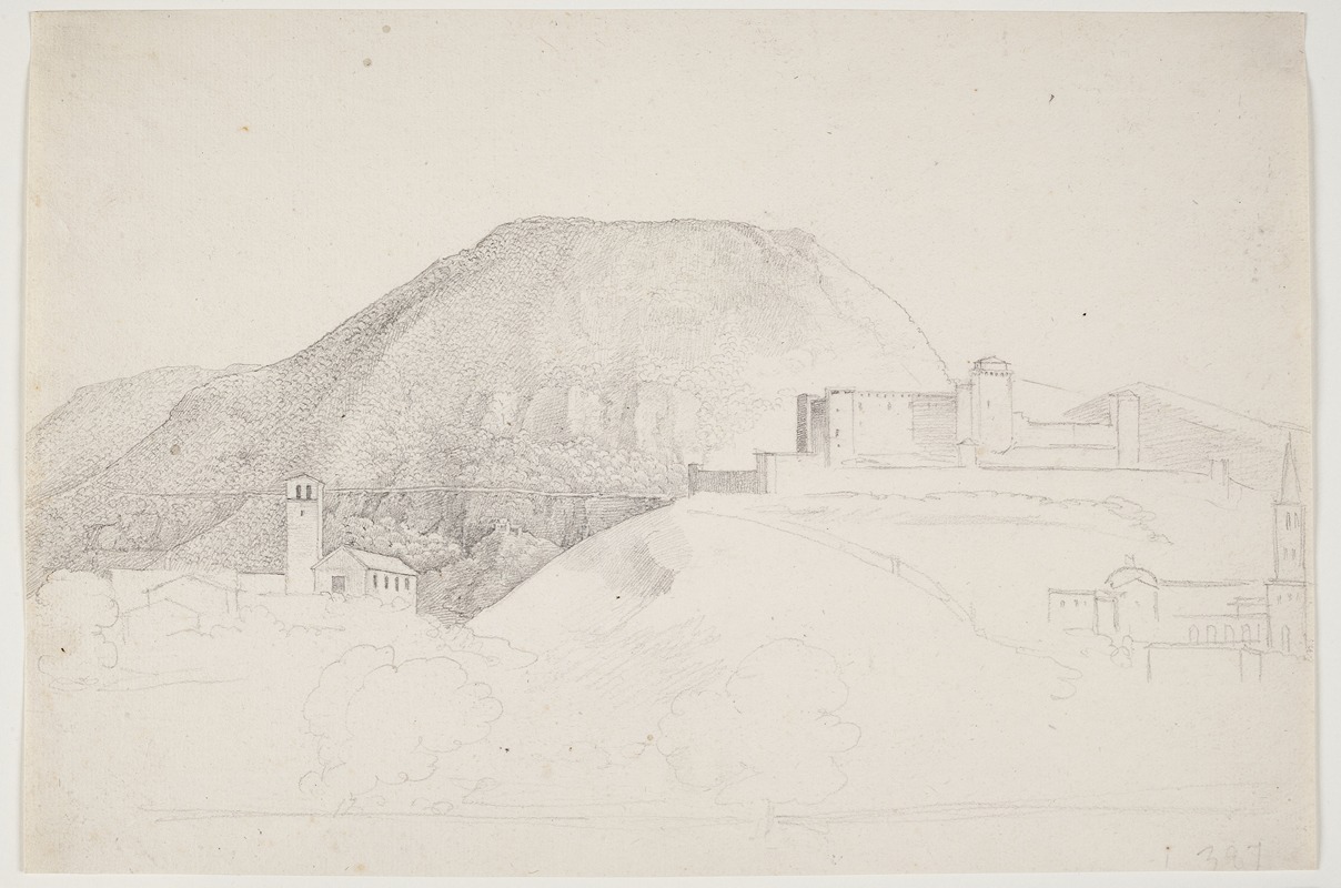 Johan Ludvig Lund - Landsskabsstudie med bjerg og bygninger Spoleto, Italien