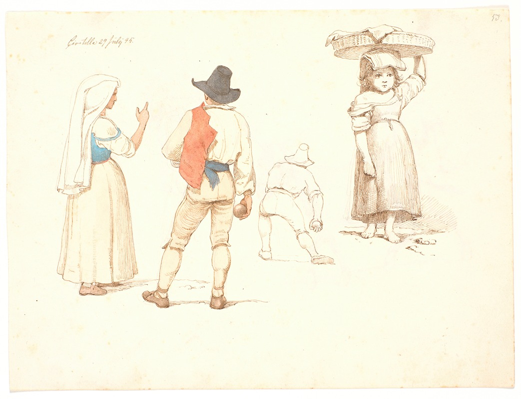 Johan Thomas Lundbye - Fire figurstudier Stående kvinde og stående bocciaspiller, en bocciaspiller i færd med at kaste og lille pige med en kurv på hovedet