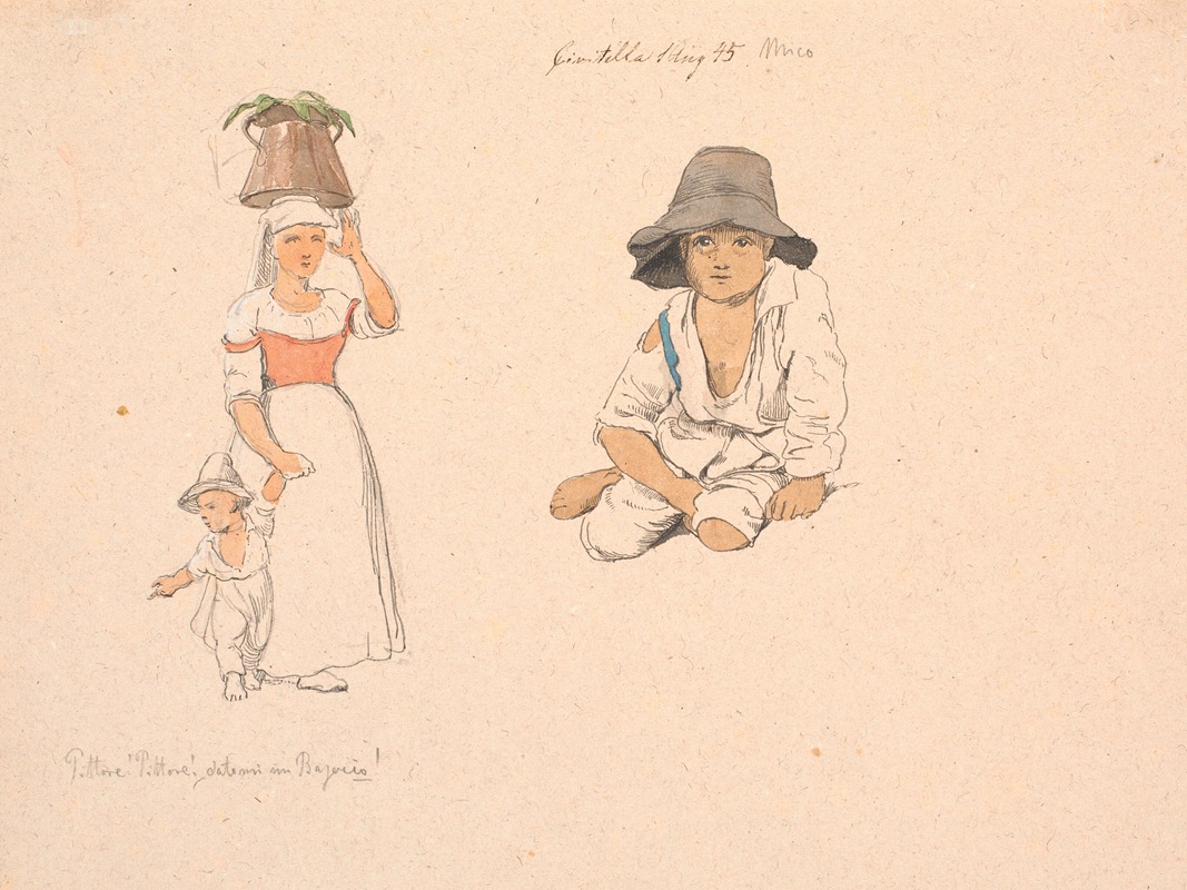 Johan Thomas Lundbye - Italienderinde med en spand på hovedet og en tiggende dreng ved hånden Til højre studie af en siddende italienerdreng