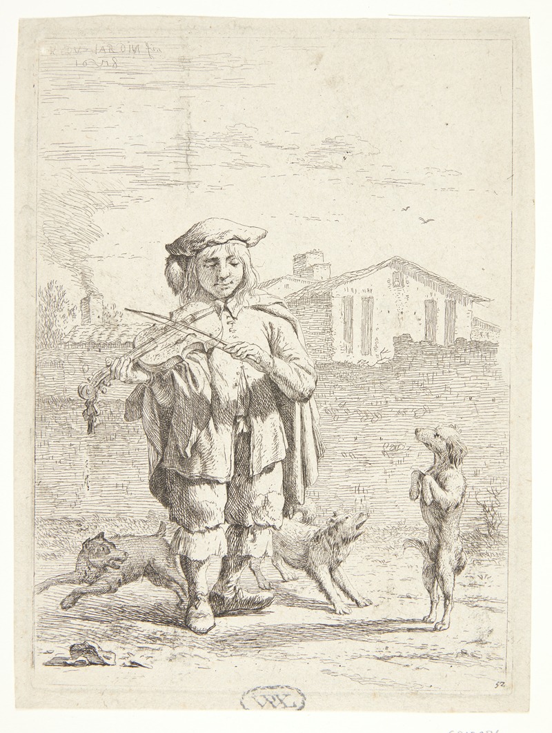 Karel Dujardin - Fiolspiller med tre hunde Savoyarden