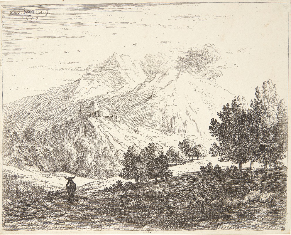 Karel Dujardin - Fire bjerge Et æsel og får i forgrunden