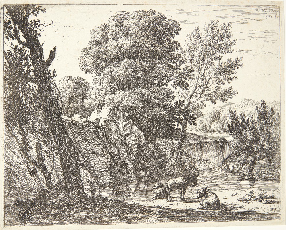 Karel Dujardin - Rejsende med to æsler ved en flod