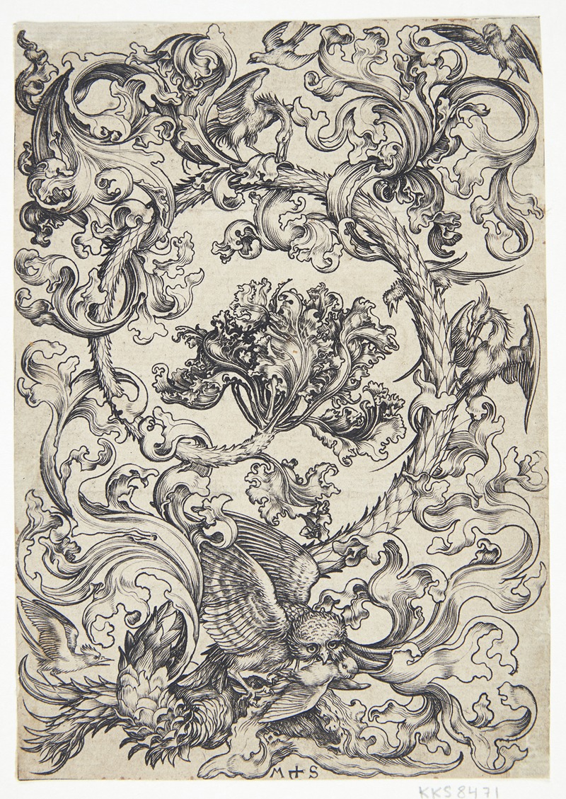 Martin Schongauer - Ornament med fugle, der spotter en ugle