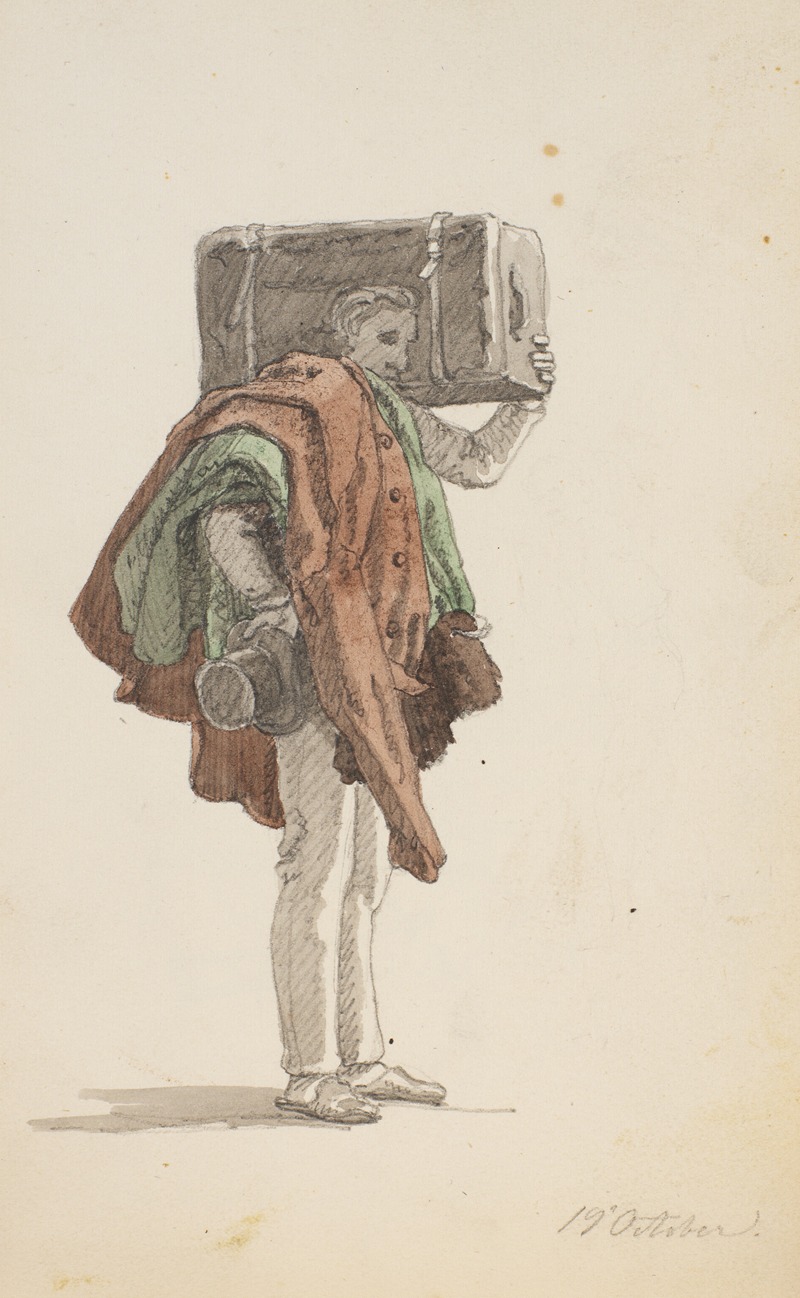 Martinus Rørbye - Stående mand der bærer på en overfrakke og en kuffert