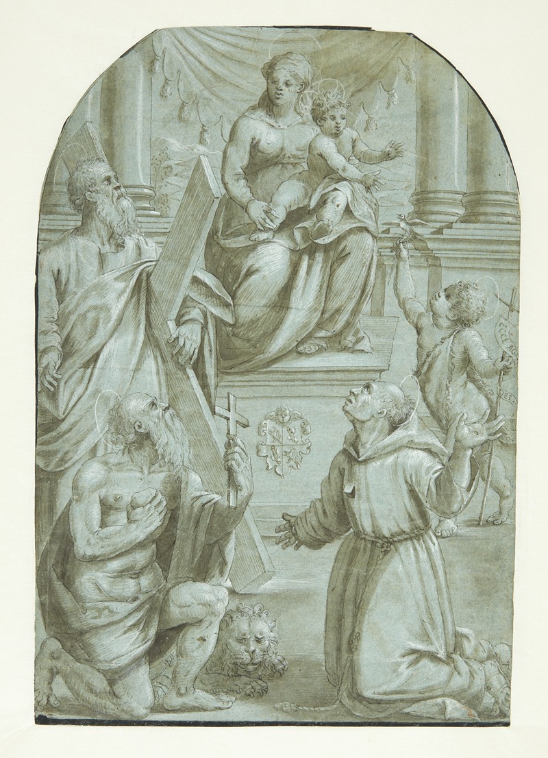 Moretto Da Brescia - Maria med Jesusbarnet tronende, omgivet af apostlen Andreas, Johannes Døberen som barn, den hellige Jeronimus og den hellige Frans af Assisi
