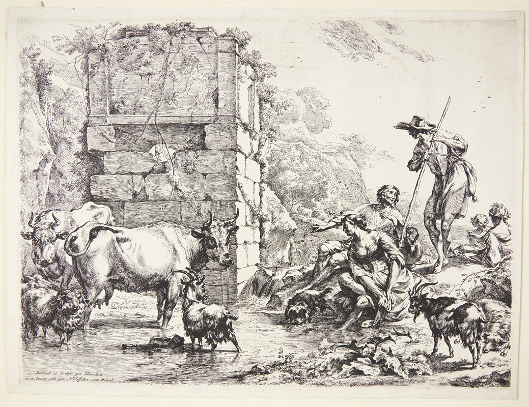 Nicolaes Pietersz. Berchem - En hyrde vander sine dyr ved en tilgroet ruin