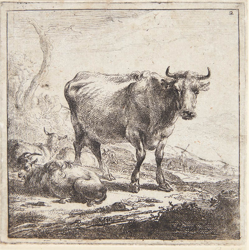 Nicolaes Pietersz. Berchem - Stående ko og liggende geder og får