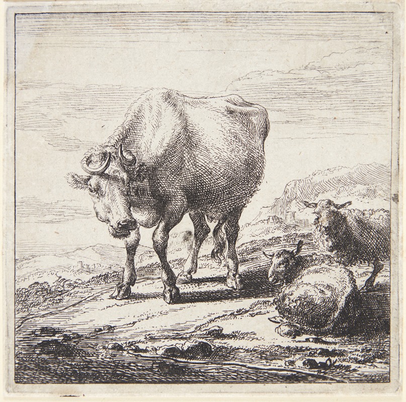 Nicolaes Pietersz. Berchem - Stående ko og to liggende får