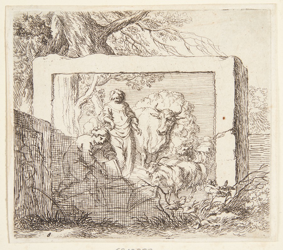 Nicolaes Pietersz. Berchem - Stenblok med et basrelief forestillende en hyrde, der hælder vand i et trug