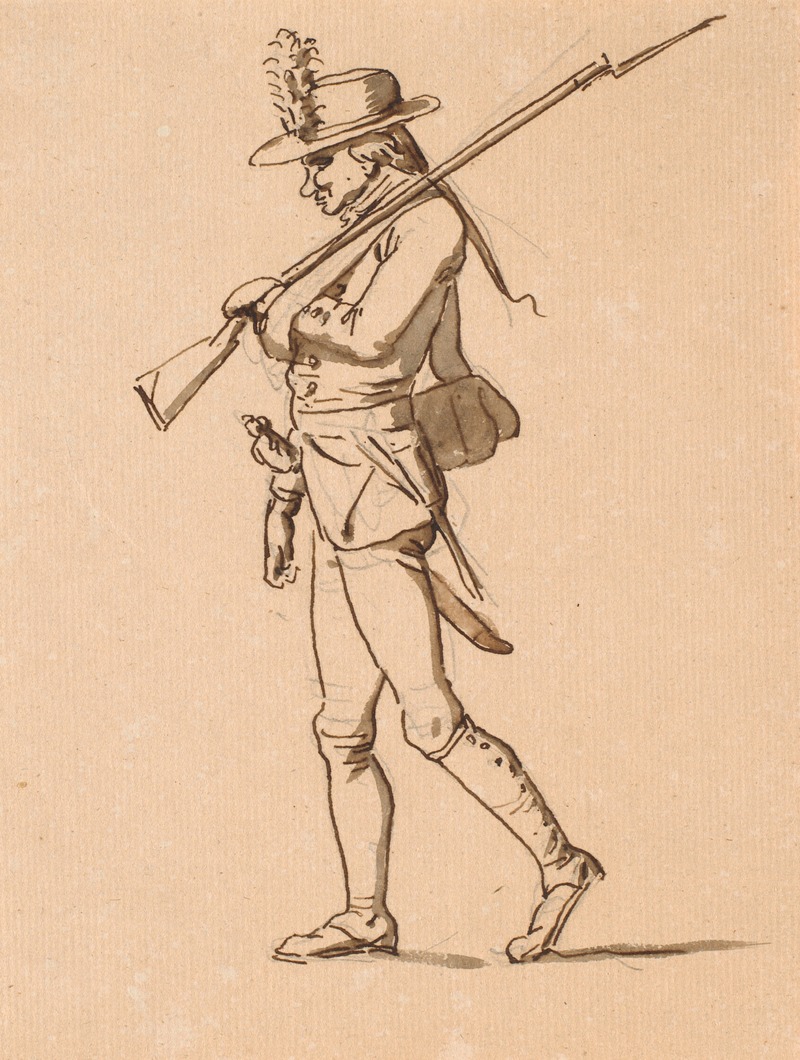 Nicolai Abildgaard - Karikatur af en soldat i profil til venstre Hans venstre arm ligger i bind, men bærer dog et gevær