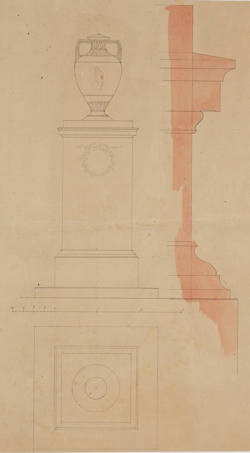 Nicolai Abildgaard - Piedestal til en vase Udkast med opstalt, snit og profil samt angivelse af målestoksforhold