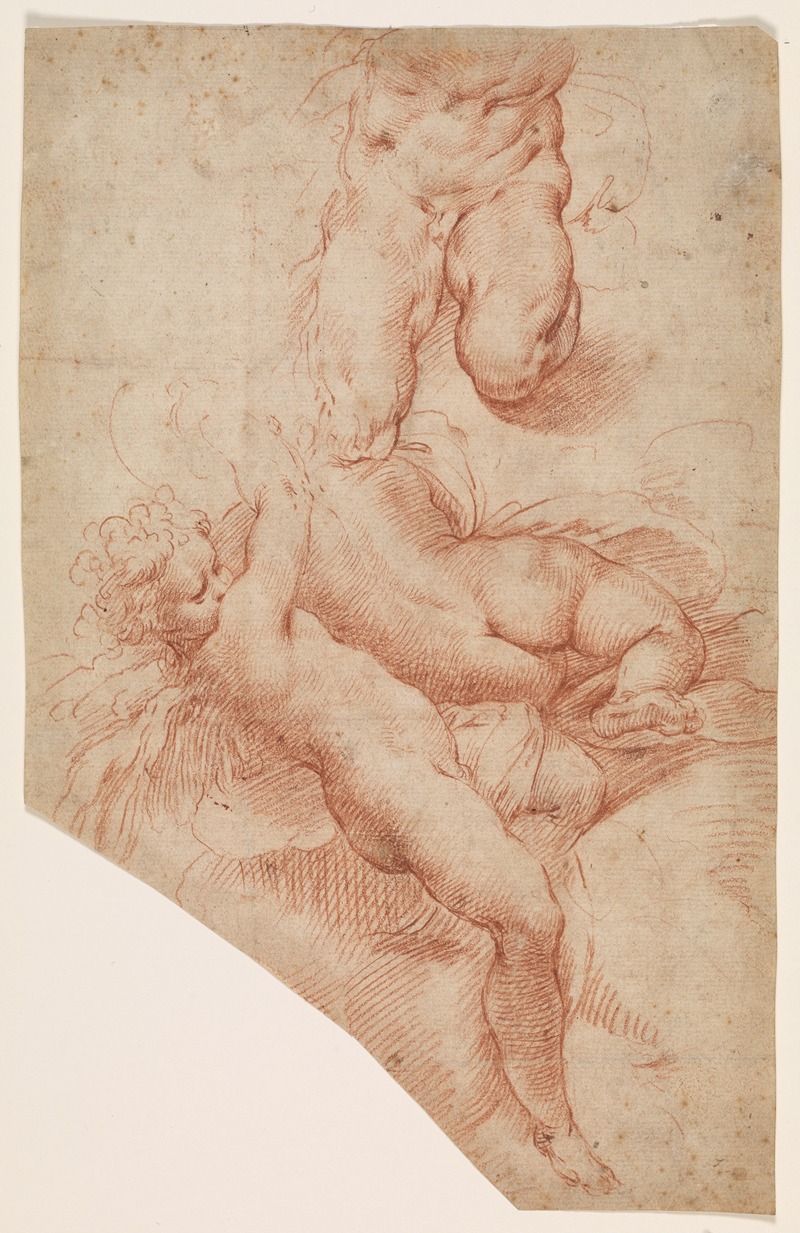 Paolo Farinati - En engel eller putto, en liggende rygvendt kvinde og underkroppen af en muskuløs mand
