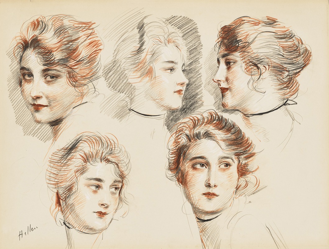 Paul César Helleu - Five head studies of a young lady