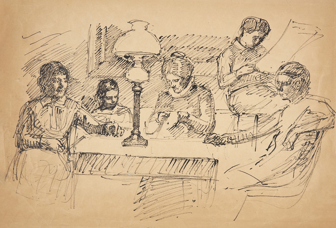 Peter Hansen - Kunstnerens familie siddende omkring et bord med en petroleumslampe