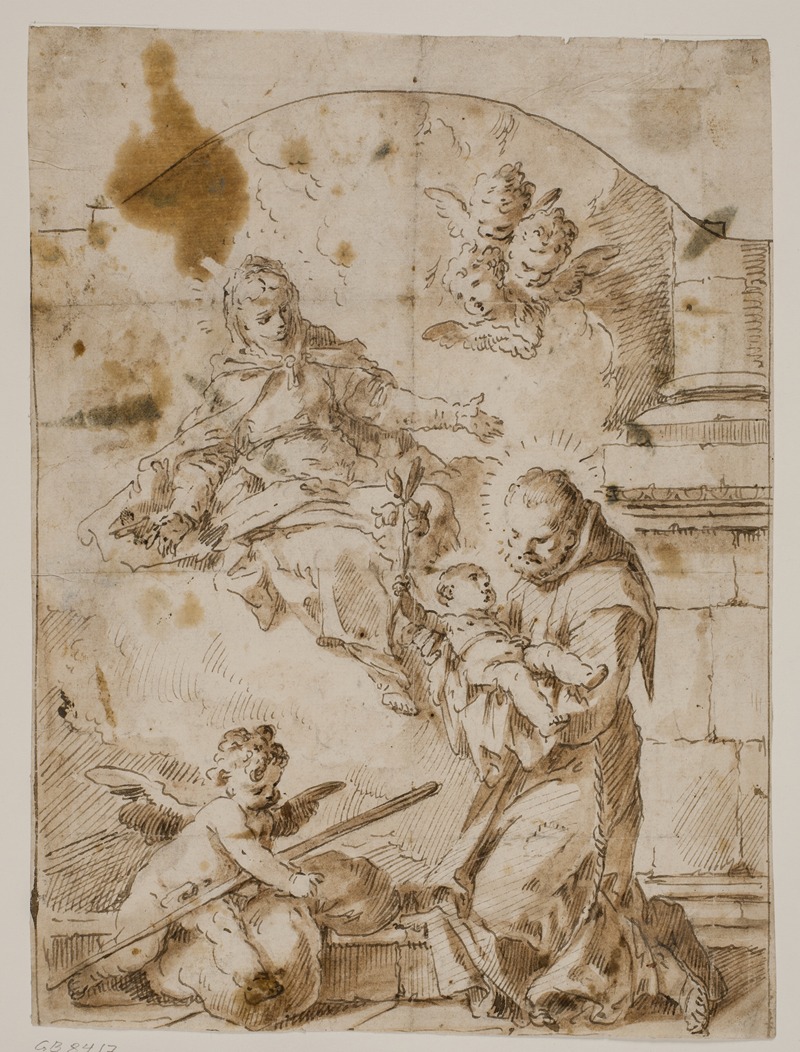 Pietro Antonio Novelli - Den hellige Antonius af Padova knælende med Jesusbarnet i sine arme, mens Jomfru Maria og engle åbenbarer sig i skyen