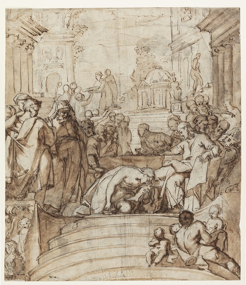 Pietro della Vecchia - Gæstebuddet i Betania Maria salver Jesu fødder og tørrer dem i sit hår Johs12,3