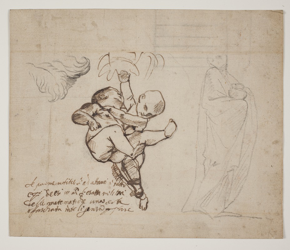 Pietro Testa - Studie til to legende putti, blade og en draperet figur med en urne