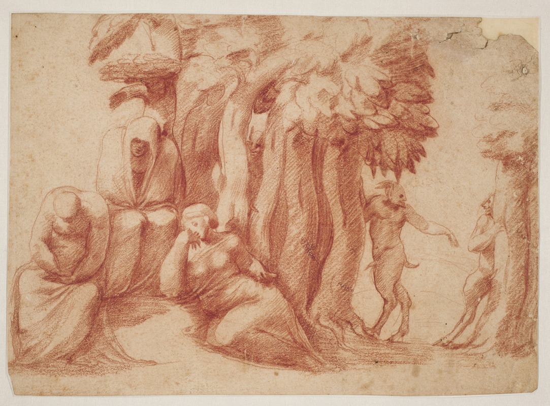 Pirro Ligorio - Tre nymfer i en lund udspioneres af tre satyrer