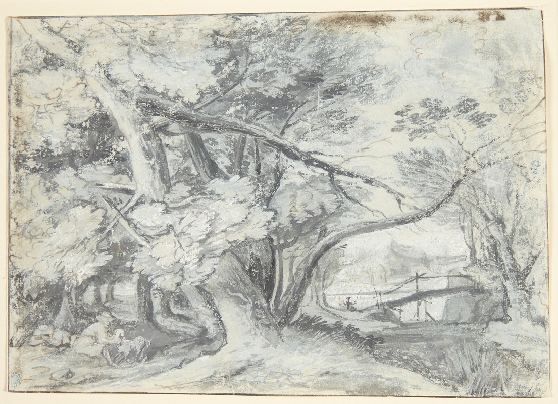 Roelant Savery - Skovparti med store træer, under hvilke der er to mænd og en hund Til højre en bro