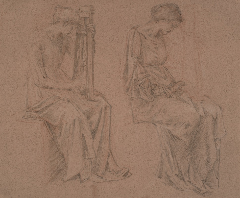 Sir Edward Coley Burne-Jones - Two studies of a seated girl playing a sitar
