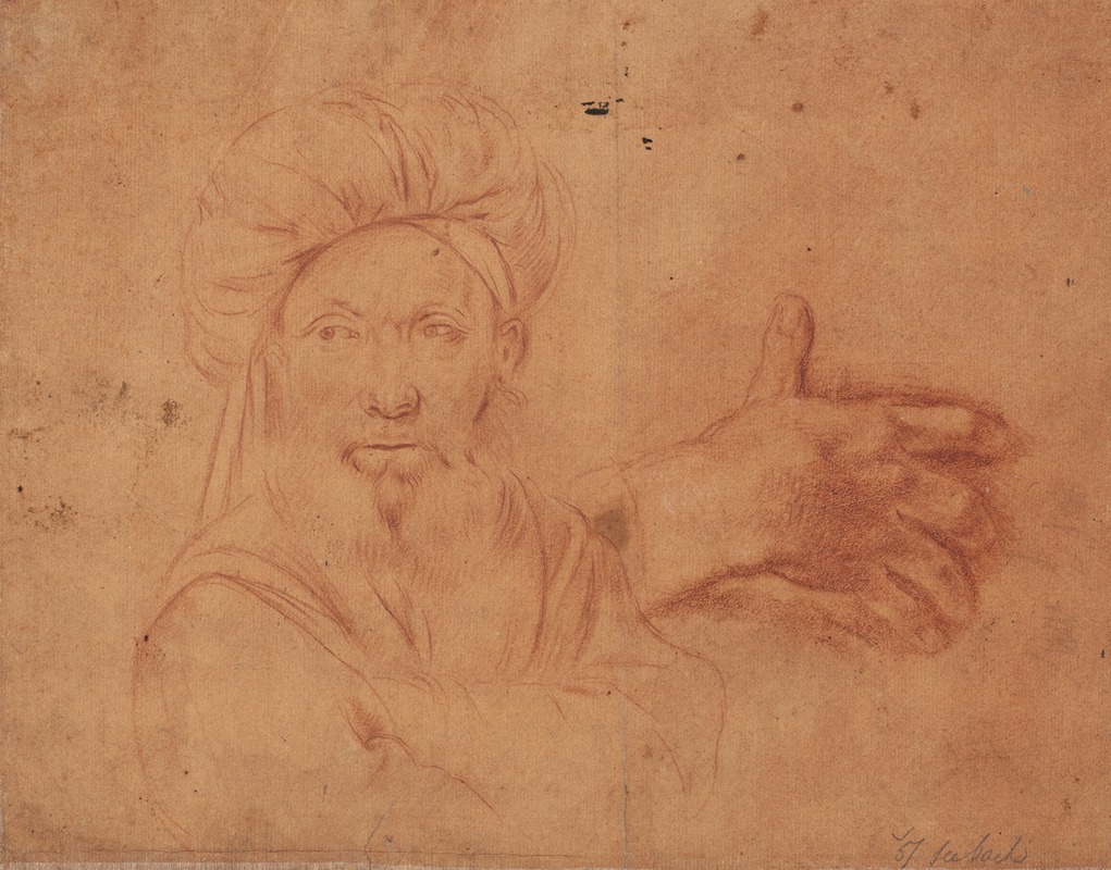 Tanzio da Varallo - Brystbillede af en turbanklædt, skægget mand, en face, samt studie af en hånd