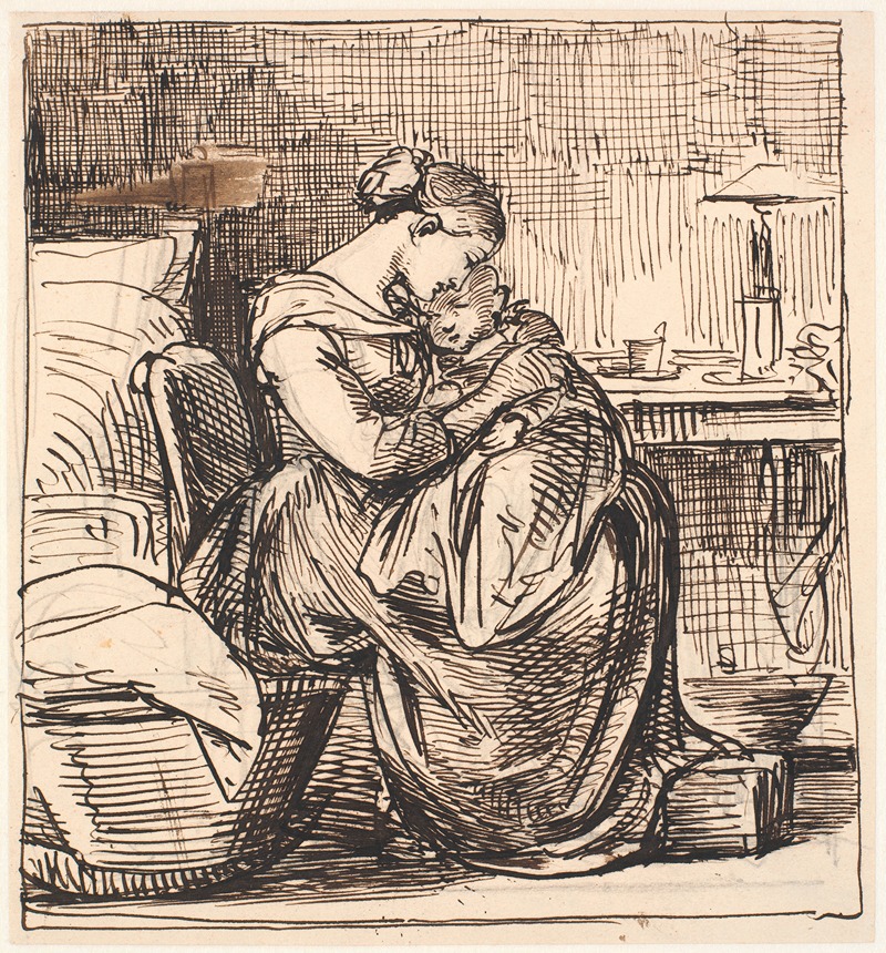 Wilhelm Marstrand - Moder med sovende barn på skødet i sovekammer