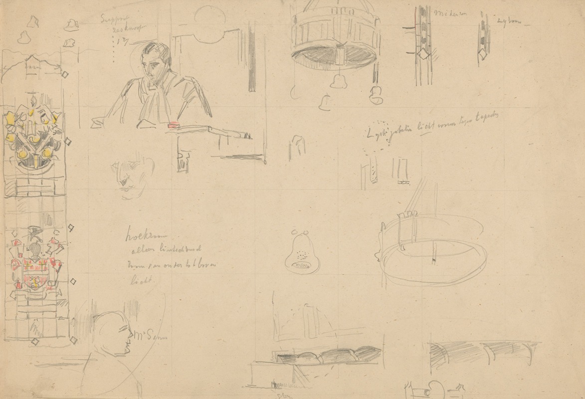 Anton Abraham van Anrooy - Studies van glas-in-lood en interieur voor het schilderij van de Nederlandse rechtbank in Londen, juni 1942