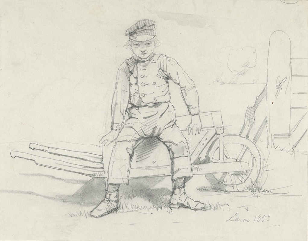 August Allebé - Boerenjongen zittend op een kruiwagen